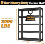 72H Metal Kitchen Storage Shelves, 3000LBS Heavy Duty Garage Shelving Unit, 5-Tier Adjustable Pantry Shelves, Food and Beverage Storage Rack, Appliance Storage Utility Shelf for Balcony - Black