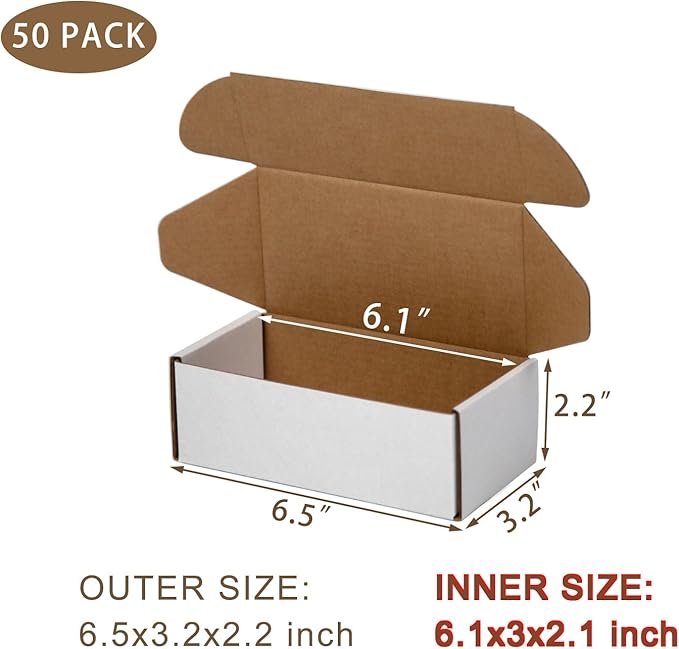 50 Pack 6.5x3.2x2.2 Inches Small Shipping Boxes, White Corrugated Cardboard Boxes, Moving Mailing Packing Box