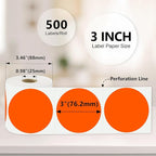 3 x 3Inch Round Color Coding Labels Circle Thermal Labels Printable Waterproof 500Pcs Round Stickers Adhesive Writable For Office,Home,Garage,DIY Sticker,Barcodes,Name Tag,Fluorescent Orange