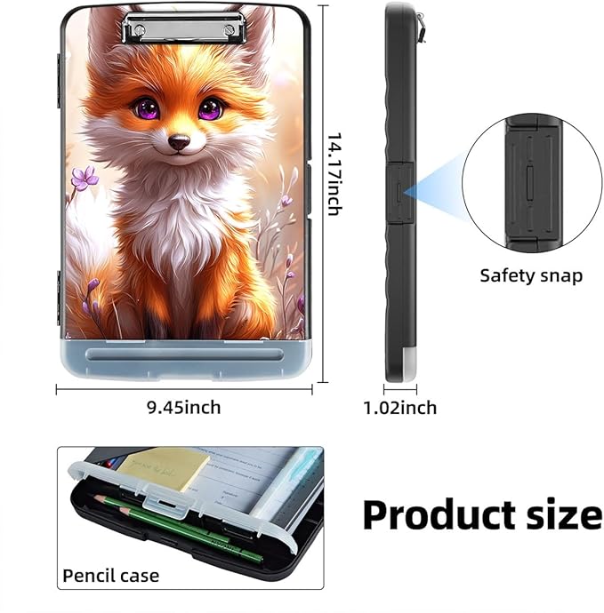 Clipboard with Storage Box & Pen Holder,Heavy Duty Clip Boards 8.5x11 for Nursing,High Capacity,School & Office Supplies,Cute Fox Artwork