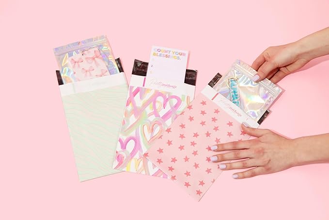 6x9 Designer Poly Mailer 100 Pack Heavy Duty Waterproof Self Seal Shipping Bags for Small Business Large Mailing Envelopes Bulk Tear Resistant Cute Packaging Happy Hearts