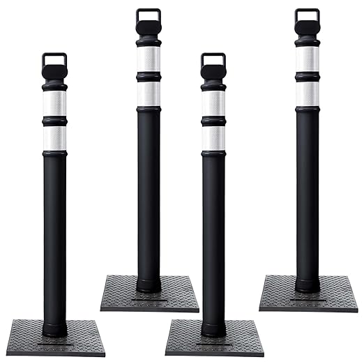 Kanayu 49 Inch Traffic Delineator Posts with 8.8 Lbs Rubber Base PE Delineator Post Portable Parking Pole Traffic Cone Barrier with Removable Base, Reflective Band(4 Packs,Black)