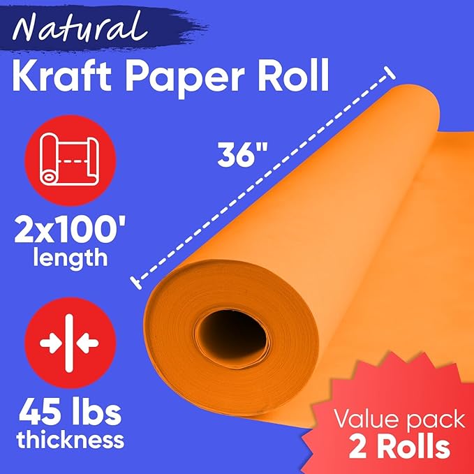 36" x 1200" (100 ft) Orange Kraft Paper Roll - Value Pack of 2, 45 lbs Thickness, Made in USA - Odorless, Non-Toxic, Safe for Kids - for School Projects, or Bulletin Board