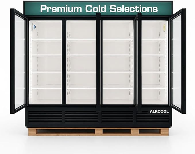 Commercial Beverage Refrigerator Display Fridge,85 Cu Ft Four Glass Door Upright Merchandiser Drink Cooler with LED Light Adjustable Shelves,ETL Approval,80" Wide,Wheels Included