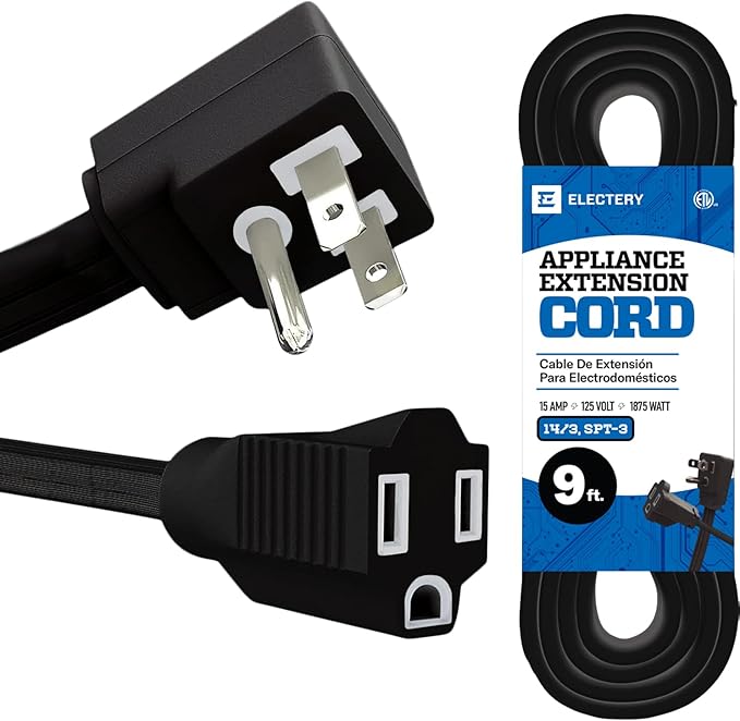 9 ft Heavy Duty Appliance Extension Cord, 14 AWG, 15A 125V 1875W, 3 Prong Flat Plug, ETL Listed, Short Power Extension Cable for Air Conditioner, Refrigerator, Microwave, Indoor Use, Black