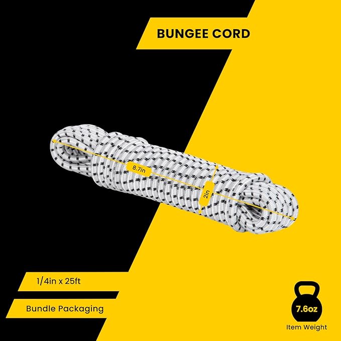 Bungee Cord Elastic Shock Cord 1/4" x 25' Bungee Rope for DIY, Tie Downs, Kayak and Outdoor - White&Black