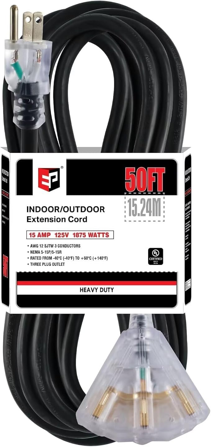 EP 50 Ft Lighted Outdoor Extension Cord with 3 Electrical Power Outlets - 12/3 SJTW Heavy Duty Black Extension Cable with 3 Prong Grounded Plug for Safety, UL Listed