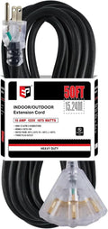 EP 50 Ft Lighted Outdoor Extension Cord with 3 Electrical Power Outlets - 12/3 SJTW Heavy Duty Black Extension Cable with 3 Prong Grounded Plug for Safety, UL Listed