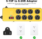 Heavy Duty Power Strip 20 amp,Metal 8 Outlet Power Strip,Wall Mount Surge Protector 4800J,12 Gauge 10FT Extension Cord 5-15P Adapter Workshop & Industrial Use with 6-20R T-Slot Outlets