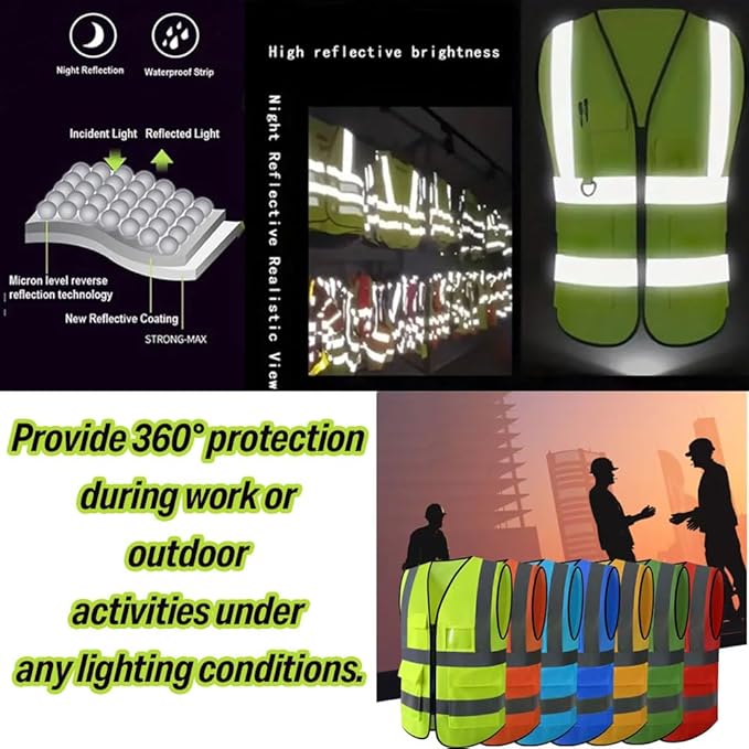 High Visibility Safety Reflective Vest with Pockets and Zipper Construction Hi Vis Work Vest(Black L)