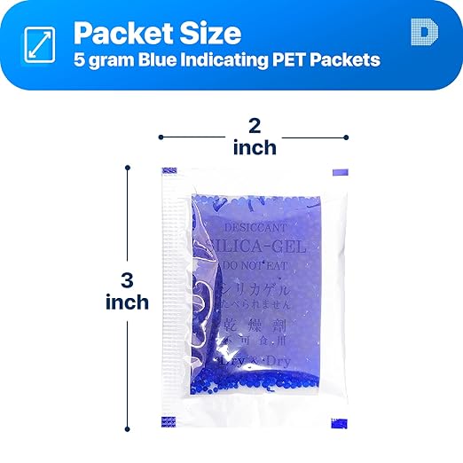 Dry & Dry 5 Gram [100 Packets] Blue Indicating(Blue to Pink) Silica Gel Packets Desiccants Silica Gel Packets - Rechargeable Silica Packets, Silica Gel, Silica Gel Packs