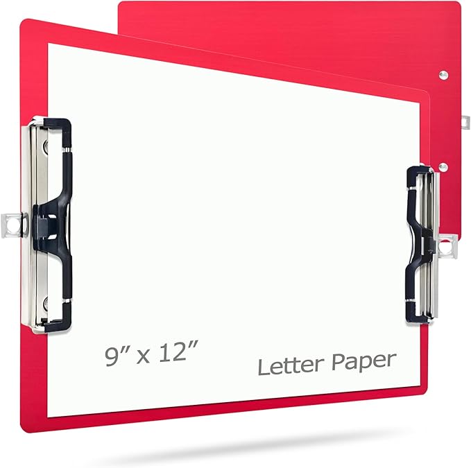 Aluminum Metal Clipboard Stainless Hangable Pen Holder Double Clip Board Size A4 9" x 12.6" for School Office Business Medical Professionals Workshop Factory (Red, A4-DoubleClip)