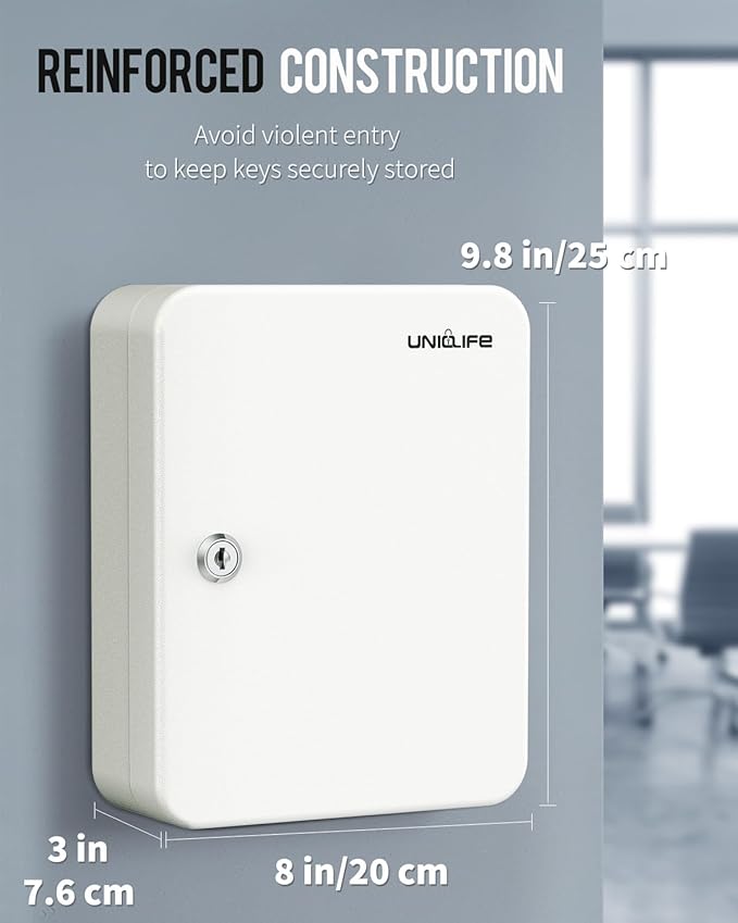 Uniclife 28 Position Key Cabinet with Key Lock Wall Mounted White Security Storage Box Steel Key Organizer with Colorful Key Tag Labels Stickers and Hooks