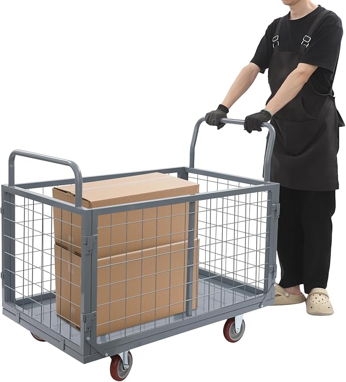 2000lbs Capacity 5-in-1 Heavy Duty Folding Platform Truck, Industrial Utility Cart with Removable Cage & 4 Casters, Hand Push Wagon for Warehouse, Garage, Retail Moving