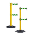 Crowd Control Warehouse CCW Set of 2 Retractable Dual Belt Stanchion Safety Barrier, Heavy-Duty Rubber Base Yellow Post, WBB-200D (9 Foot Belt, Green and White Diagonal Belt)