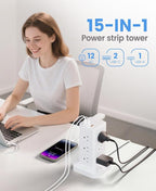 Power Strip Tower with Surge Protector 1800J, Fast Charging Tower PD20W USB-C Ports with 12 AC Outlets, 9.8ft Extension Cord for Home Office Dorm Room, White