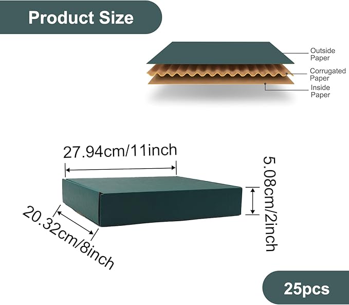 25 Pack Green Shipping Boxes 11 x 8 x 2 Inch Corrugated Cardboard Boxes, Recyclable Packaging Gift Boxes for Presents, Birthday, Christmas, Bridal, Wedding, Party Favor, Cupcake, Crafting