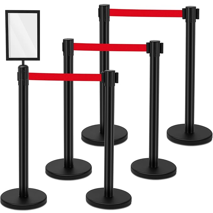 Therwen 6 Pack Heavy Duty Crowd Control Stanchions 9.8 ft Stainless Steel Stanchion Set with Safety Barrier Post Retractable Belt and Sign Holder Crowd Control Barrier(Red Belt, Black)