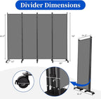 Room Divider 6FT Room Partition with Lockable Wheels, (Thicked Metal Base) Room Dividers, Freestanding Indoor Folding Privacy Screens, Portable Fabric Wall Divider for (Grey, 88"- 4 Panel)