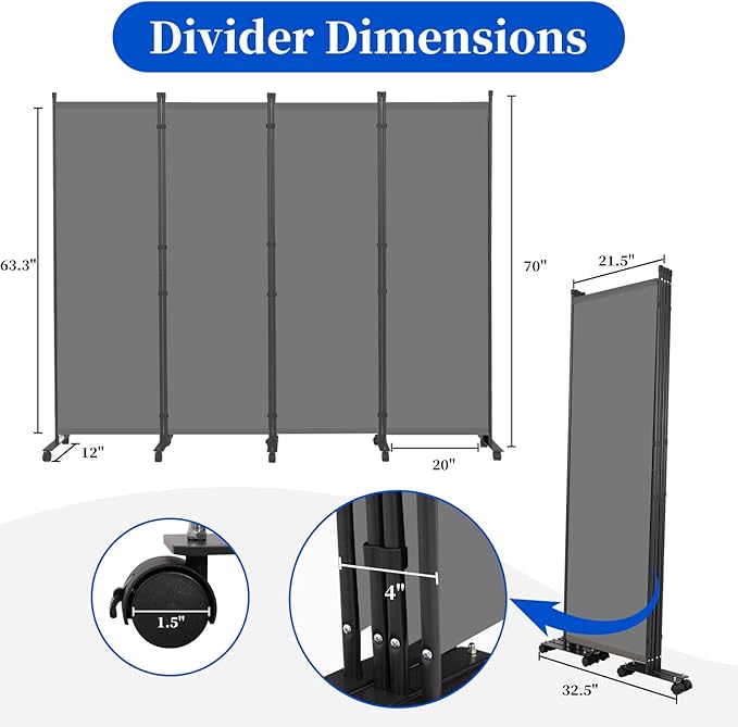 Room Divider 6FT Room Partition with Lockable Wheels, (Thicked Metal Base) Room Dividers, Freestanding Indoor Folding Privacy Screens, Portable Fabric Wall Divider for (Grey, 88"- 4 Panel)