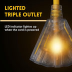 EP 25 Ft Lighted Outdoor Extension Cord with 3 Electrical Power Outlets - 14/3 SJTW Heavy Duty Yellow Extension Cable with 3 Prong Grounded Plug - Power Cord for Lawn, Garden, Appliances