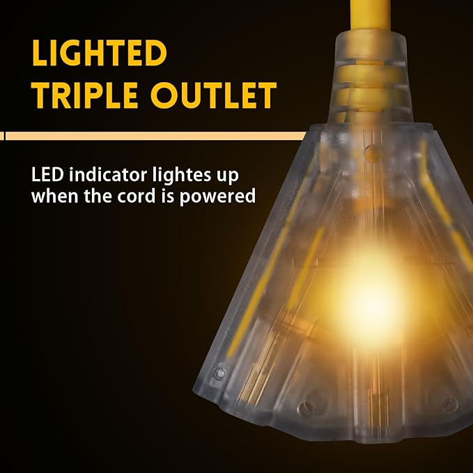 EP 50 Ft Lighted Outdoor Extension Cord with 3 Electrical Power Outlets - 14/3 SJTW Heavy Duty Yellow Extension Cable with 3 Prong Grounded Plug - Power Cord for Lawn, Garden, Appliances