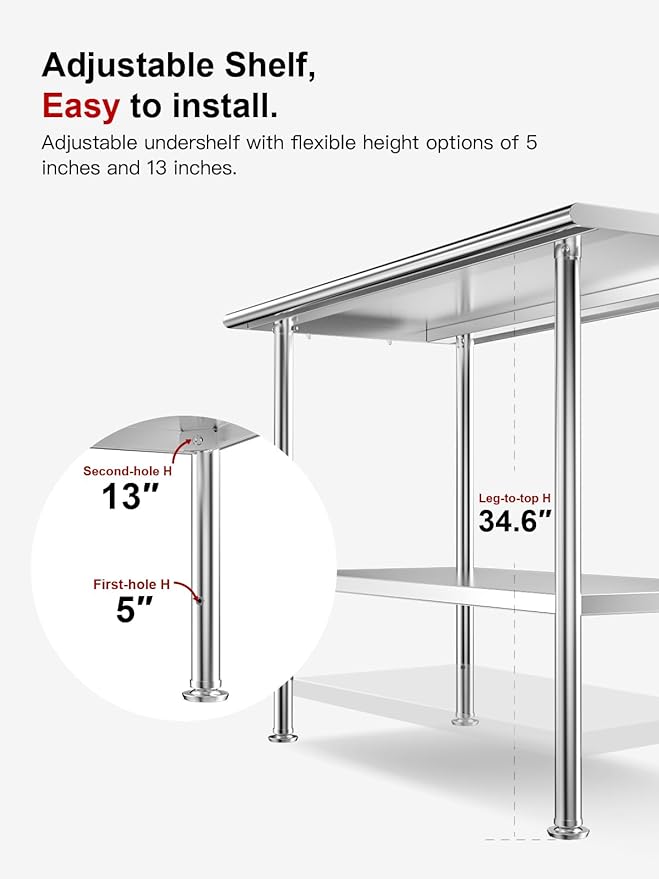 Stainless Steel Prep Table for Work, 24 * 48 Inch, High Load Bearing with Undershelf for Outdoor, Restaurants, Workshops, Kitchens, Garages and Gardens