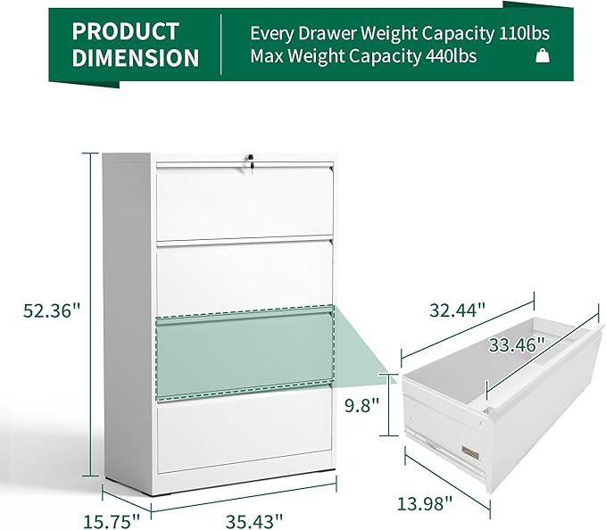 4 Drawer Lateral File Cabinet, Metal Filing Cabinets for Home Office, Wide File Storage Cabinet for Letter Legal Size Hanging File Folders, Assembly Required, (White)