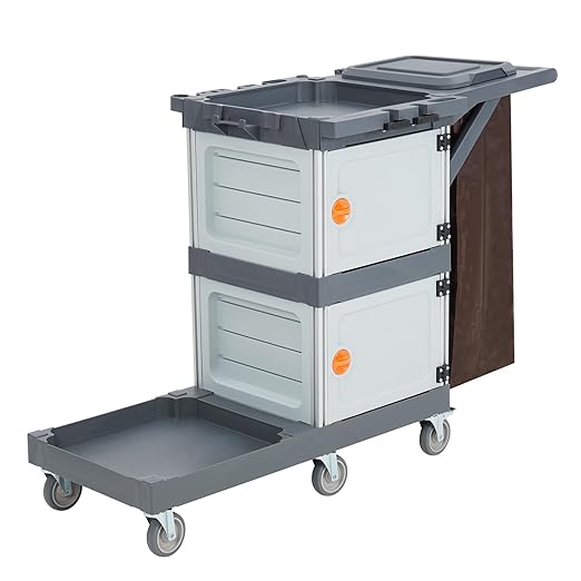 Commercial Janitorial Cart with Cabinet, 3-ply Multi-Purpose Engineered Plastic Housekeeping Cart with 30 Gallon Bag Hand Push Utility Cart, 200 lbs Load Capacity