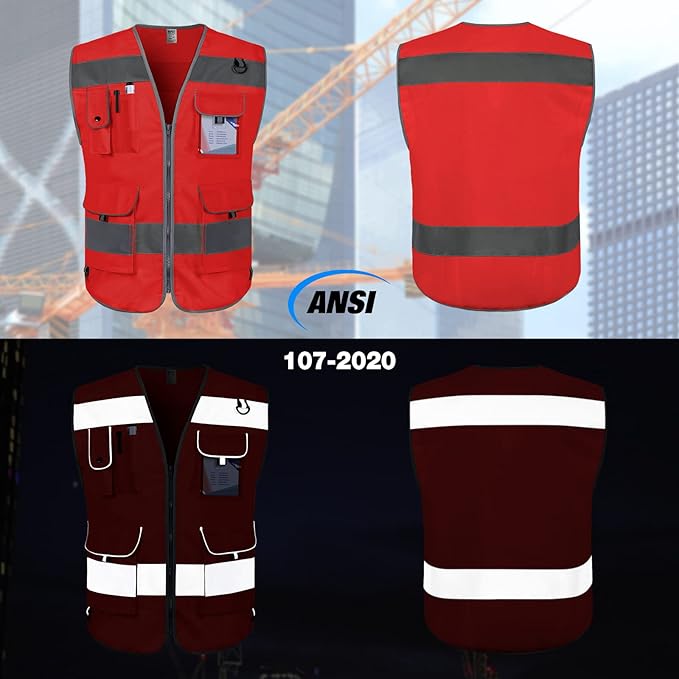TCCFCCT Red Safety Vest for Men Women 9 Pockets High Visibility Reflective Vest for Safety, Work Vest with Reflective Strips, Meets ANSI/ISEA Standards, Large