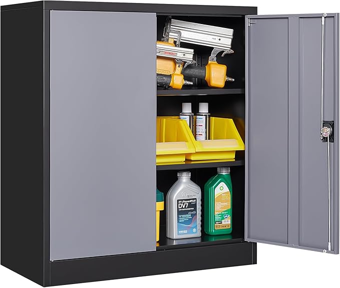 Metal Storage Cabinet, Lockable Storage Cabinet with 2 Doors and Shelves, Metal Cabinet with Lock, Small Lockable Metal Cabinet for Home Office(Black Grey)