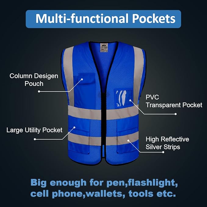 BeautyWill Mesh Safety Vest Custom Logo Class2 High Visibility Reflective Vest with 5 Pockets Construction Security Work Vest ANSI/ISEA Standards（Blue，4XL ）