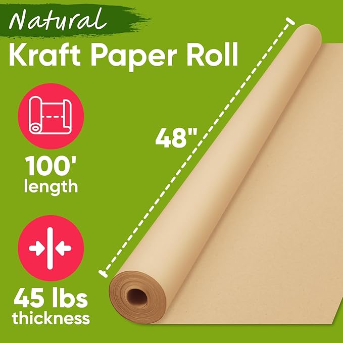 USA Made 48" x 1200" Brown Kraft Paper Roll, 45 lbs Thickness, American Quality Colored Kraft Paper for School, Bulletin Board - Non-Toxic, Odorless, Safe for Kids
