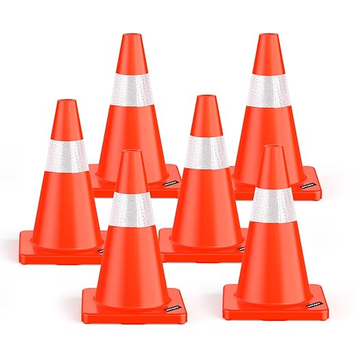 BATTIFE 6 Pack 18 Inch Traffic Safety Cones with Reflective Collars, PVC Orange Construction Cone for Home Road Driveway Parking