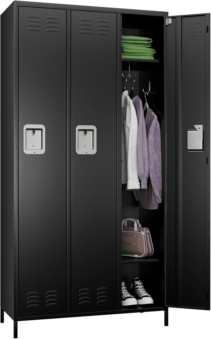 Metal Storage Locker with 3 Doors, Employee Lockers with 9 Hooks for Employees Home Office,Requires Assemble,Black