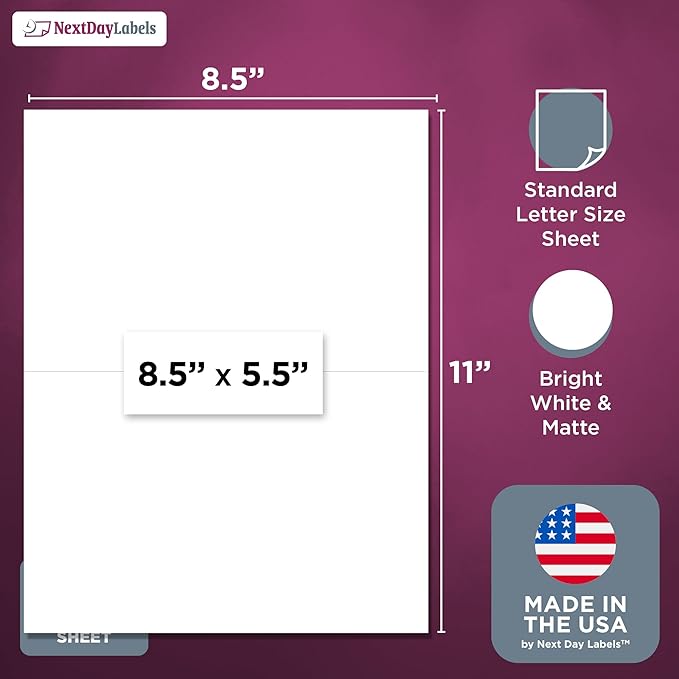 NextDayLabels – 8-1/2" x 5-1/2" Rectangular Sticker Labels for Printer - White Laser/Inkjet Printer Labels Return Address Labels Shipping Label Stickers (100 Sheets, 2 Per Sheet, 200 Labels)