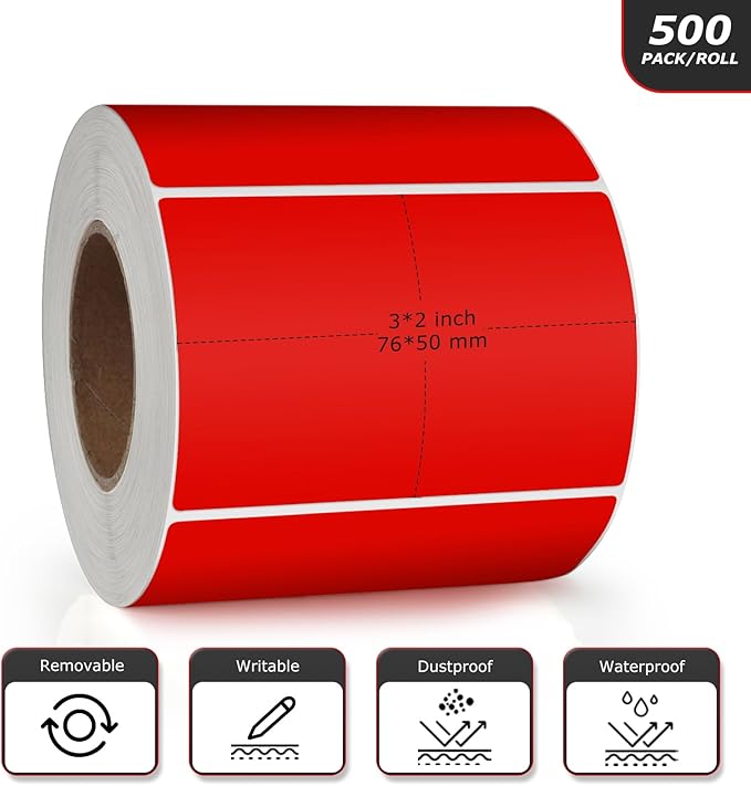 Red Rectangle Stickers 3 x 2 Inch Color Coding Labels Vinyl Roll Self-Adhesive Waterproof Removable 500 PCS