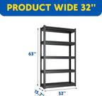 63''H Garage Shelving Heavy Duty, 2800LBS Storage Shelves, 5-Tier Adjustable Metal Shelve Storage Shelf Rack, Industrial Shelving Unit for Garage, Warehouse, Basement (32" W x 15.7" D x 63" H)