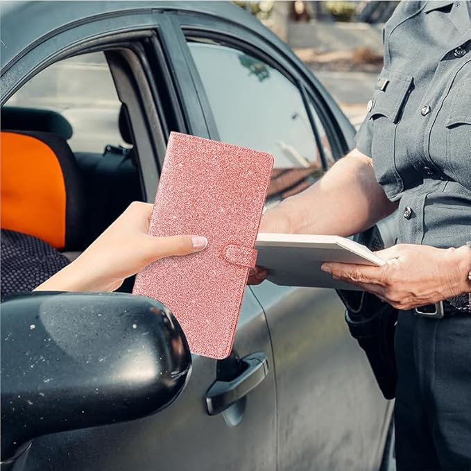 2 Ppack Leather Car Registration and Insurance Card Holder, Car Document Holder for Cards License with Magnetic Shut(Glitter Pink-Ear