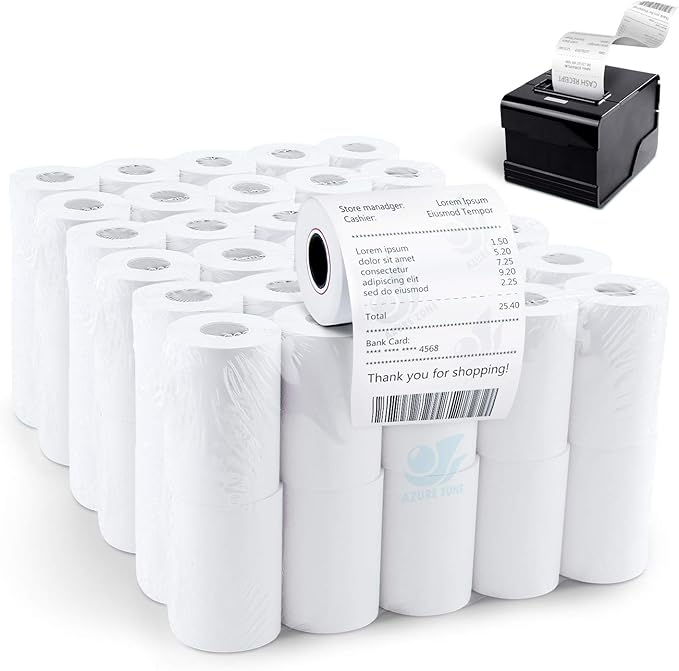 Azure Zone, Thermal Paper 2-1/4 X 50ft 200 Rolls, Fits Most POS Machines and Cash Registers, Great for Business Sales