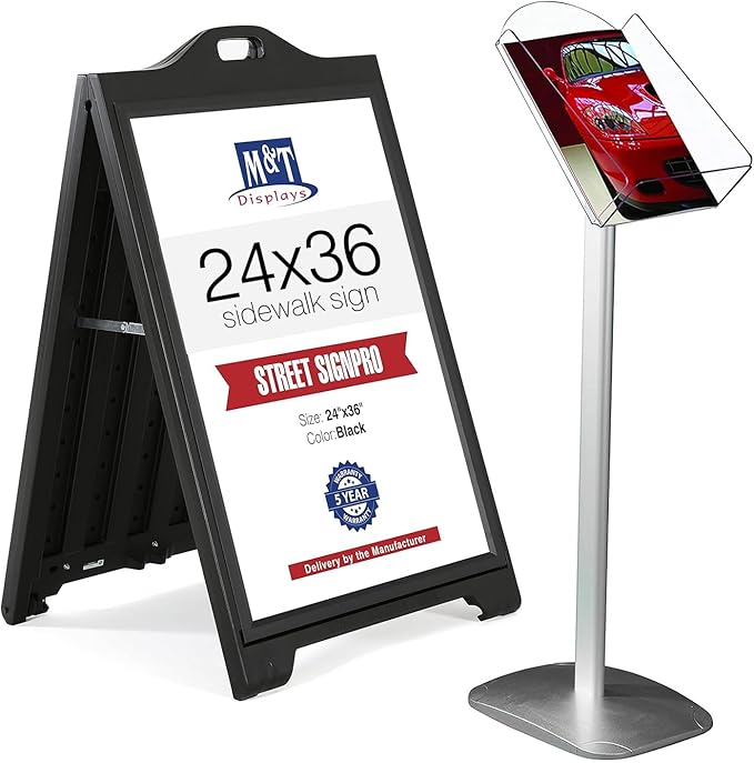 M&T Displays Sign & Brochure Stand Bundle – 24x36" Street SignPro A-Frame with Lens + 8.5x11" Freestanding Literature Holder – For Restaurants, Lobbies, Retail, or Trade Shows