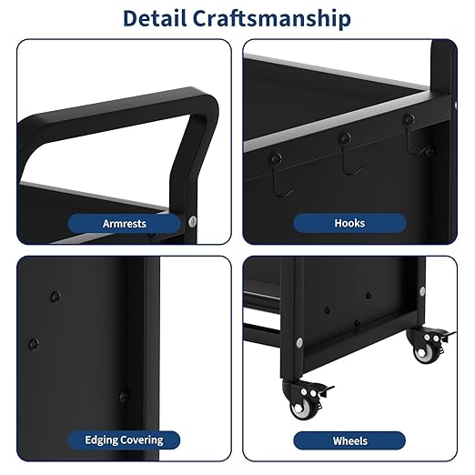 3-Tier Metal Rolling Book Cart, 4 Lockable Wheels & Side Hooks, V-Shaped Heavy Duty Library Cart, 360 Lb Capacity, Bookshelf Organizer for Home, Office, School, Study, Black, 32"x14"x49"
