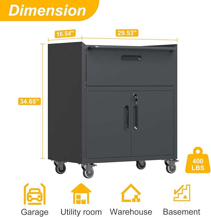 Metal Storage Cabinet with Wheels, Rolling Tool Chest with Adjustable Shelf & Handle, Lockable Garage Cabinet with 1 Drawer and 2 Doors, Mobile Steel Locker for Home, Office, Workshop, Black