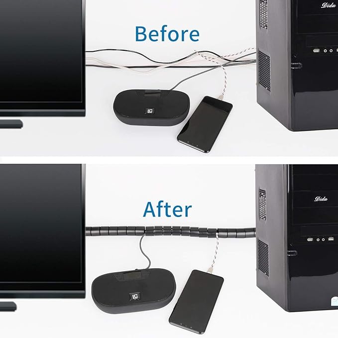 RELIANCER 10FT Cable Management Sleeve Organizer,1/2 inch Coiled Cord Organizer w/4 Cable Clips & Guide Clip,Wire Cover Wire Wrap Cable Protector,Messy Cable Tube Hider Solutions TV PC Home Office