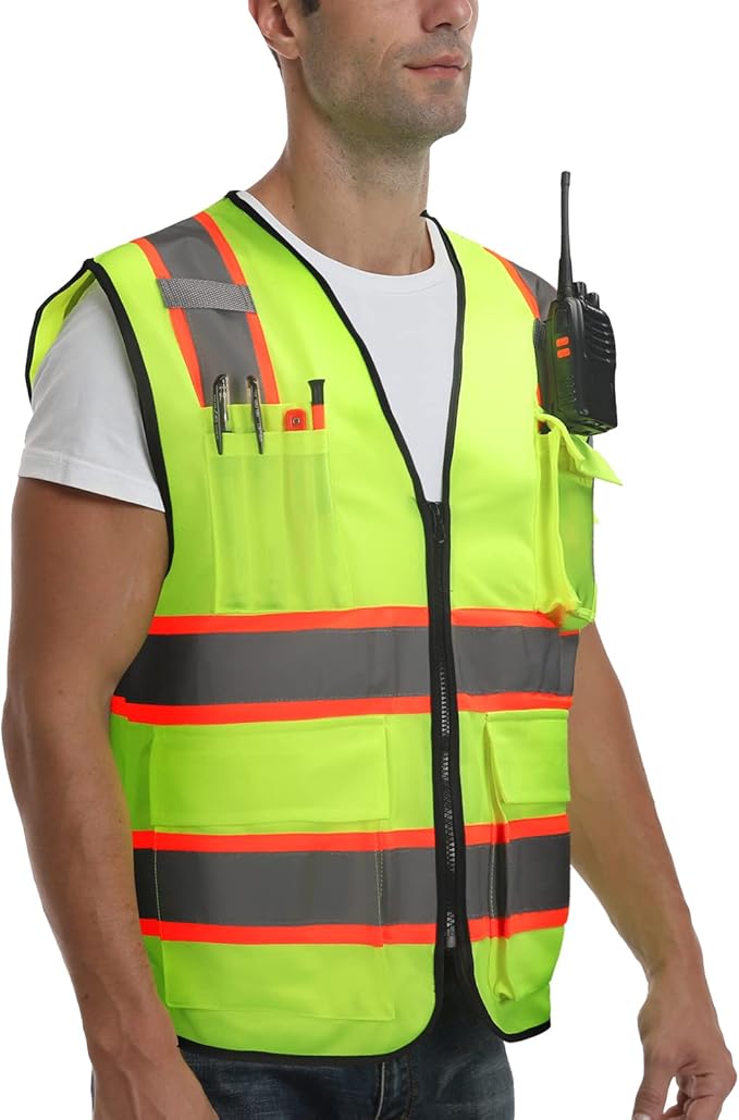9 Pockets High visibility Class 2 Safety Vest，Hi Vis Vest with 2 inch wide Reflective Strips security vest with Zipper construction work vest for men &women Lime，Large