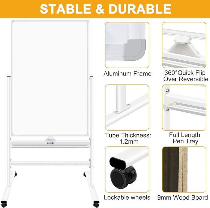 H-Qprobd Magnetic Whiteboard Mobile Dry Erase Board with Stand 40"x28" Double Side Rolling Whiteboards on Wheels for Home, Office & School