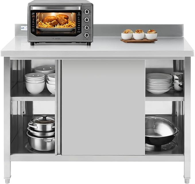 Hally Stainless Steel Cabinet, 30" x 48" NSF Commercial Heavy Duty Prep Workbench with Backsplash and Two Sliding Doors, Large Storage Cabinet, Metal Table for Kitchen, Restaurant, Garage