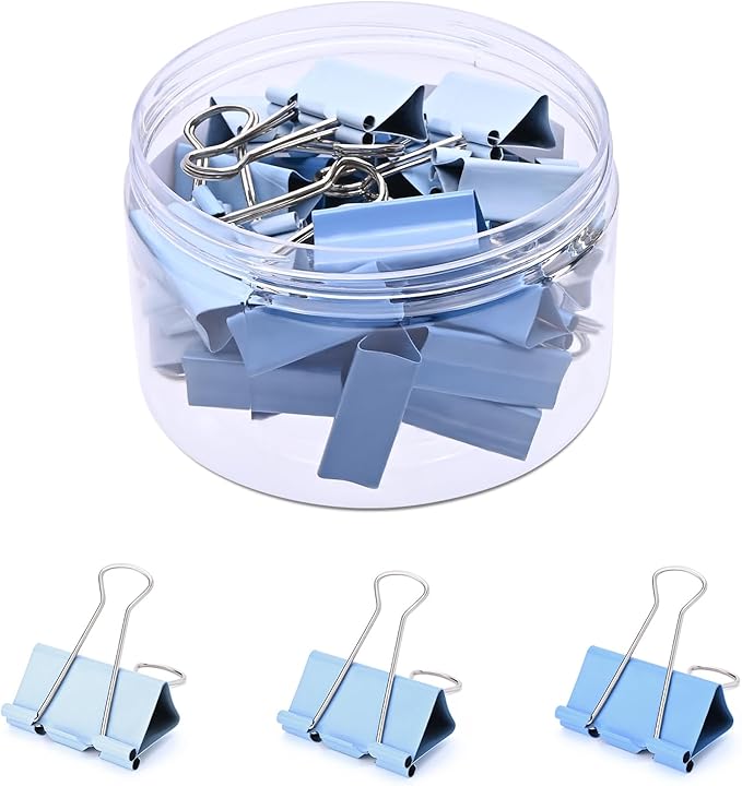 Temiary Aesthetic Binder Clips, 24 Pcs 1.26 Inches Small Metal Binder Clip with Clear Storage Container, Binding Paperwork Clamps for School Teachers Office Supplies (Blue)