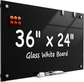 MaxGear Glass Whiteboard 36x24 Inches Wall Mounted, Magnetic Black Dry Erase Board with 1 Eraser, 1 Accessory Tray, 4 Markers and 6 Magnets, Large Frameless White Board for Office, School, Home