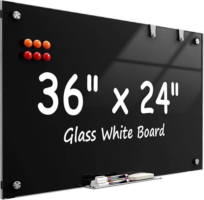 MaxGear Glass Whiteboard 36x24 Inches Wall Mounted, Magnetic Black Dry Erase Board with 1 Eraser, 1 Accessory Tray, 4 Markers and 6 Magnets, Large Frameless White Board for Office, School, Home